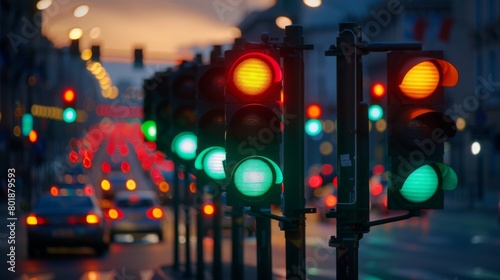 A row of synchronized traffic lights changing from green to red, creating a harmonious rhythm for city traffic.