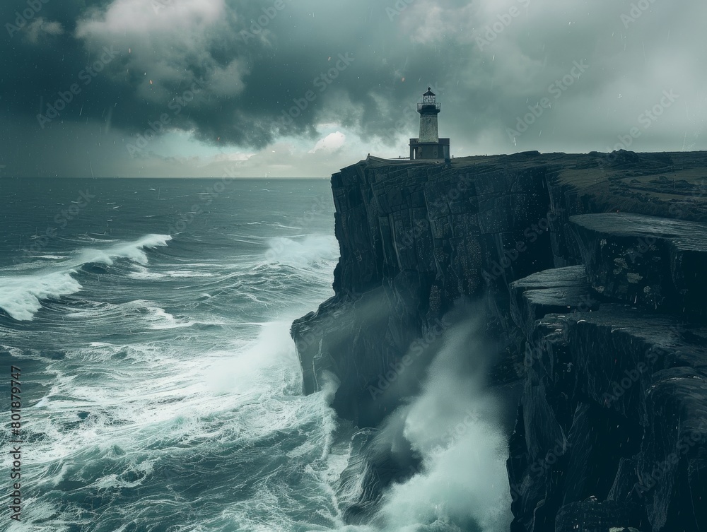 Convey the isolation and resilience of the lighthouse amidst the raging storm.