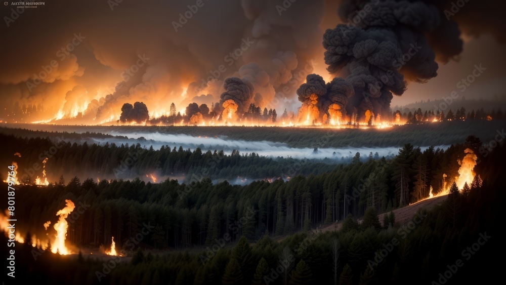 A forest fire breaks out, covering vast areas and turning green forests into a field of ash and smoke. A picture of the destruction and variability of forest nature. Creative, AI Generated
