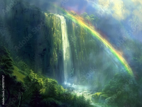 Capture the scale and power of the waterfall  with the vibrant rainbow adding a touch of magic.