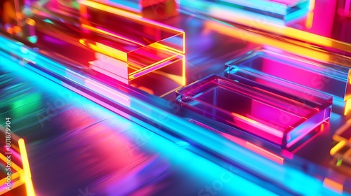 abstract, simple,colorful, neon, flow, smooth, sharp, focused,glass layers, lines, rainbow neon, white scene, colorful background, rectangle cinema4d