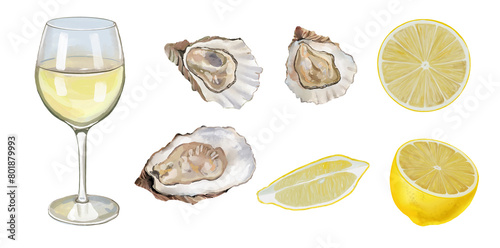 Seafood, digital watercolor illustrations set. Glass of wine, oysters, lemon, isolated image on transparent background