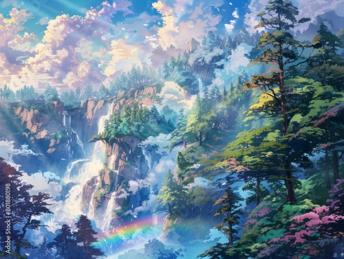 Capture the scale and power of the waterfall  with the vibrant rainbow adding a touch of magic.