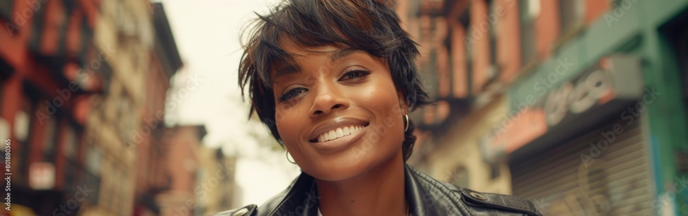 An African American woman wearing a black leather jacket smiles happily An African American woman wearing a black leather jacket smiles happily