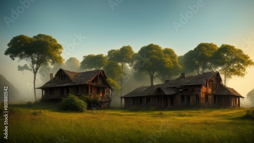 Abandoned ancient houses in the fog, surrounded by dense forest. The atmosphere of mystery and forgotten times. Creative, AI Generated © DEER FLUFFY