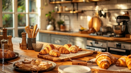 A cozy kitchen classroom filled with the tempting aroma of freshly baked croissants in a French pastrymaking workshop.