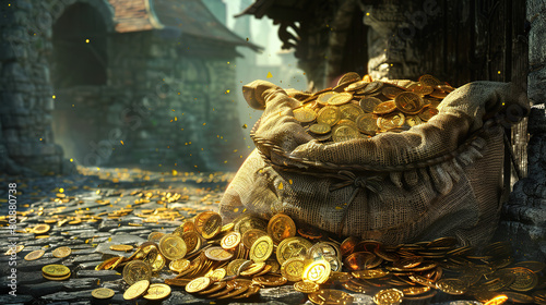 A money bag spitting out gold coins ultra realistic money photo