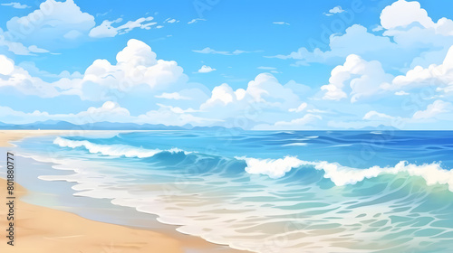 Sunny Seashore, Vibrant Beachscape in the Summer Sunshine, Realistic Beach Landscape. Vector Background