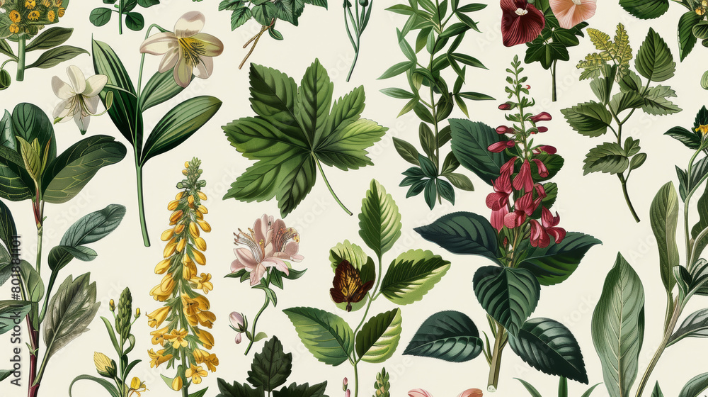 Seamless pattern background featuring a collection of vintage botanical illustrations with flowers and leaves in muted colors.
