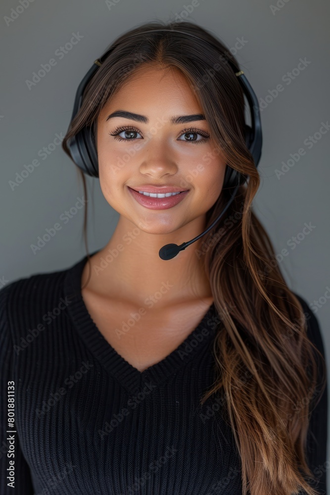 A beautiful Hispanic woman smiling while wearing a headset A beautiful Hispanic woman smiling while wearing a headset
