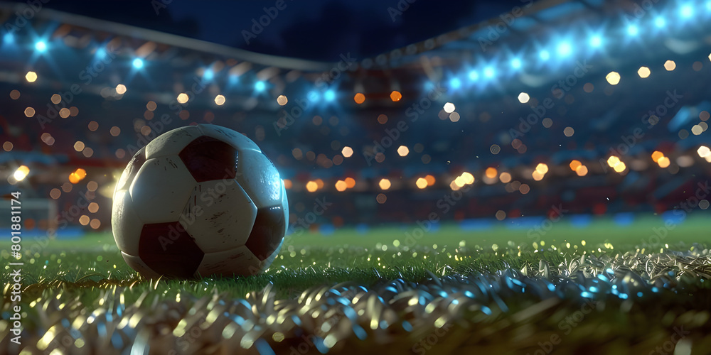Football on grass in shining stadium, night view