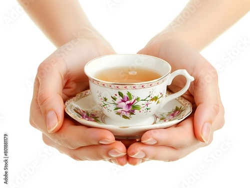 Woman s Hands Gently Holding Delicate Floral Teacup on White Background