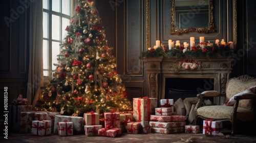 The Christmas tree is decorated with many gifts.
