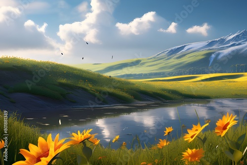  a brilliant sunflower blooming proudly amidst a vast grassland. The sunflower is depicted with exaggerated colors, its petals appearing almost surreal in their vibrant yellow hue. The grassland surro