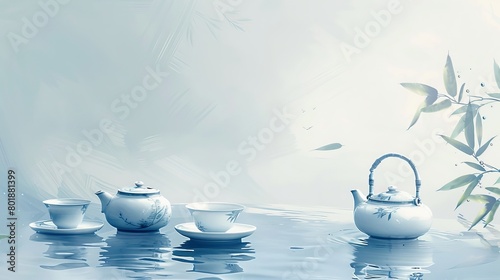 Chinese background, ethnic style, national tide, ethnic style tea set, light blue gradient background with tea set in the center of the composition photo