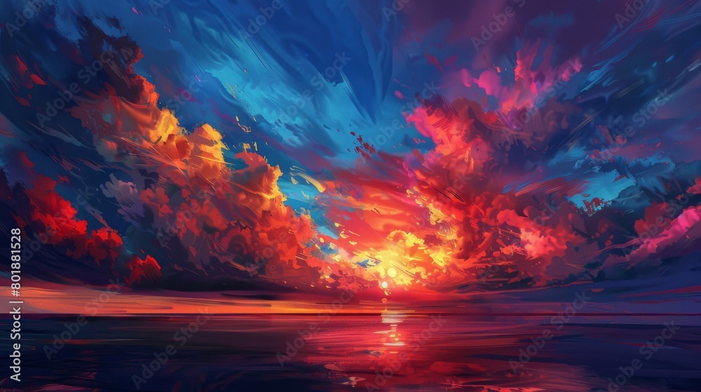 A stunning sunset over a darkening sky, where vibrant hues of orange and pink blend into the deepening blue.