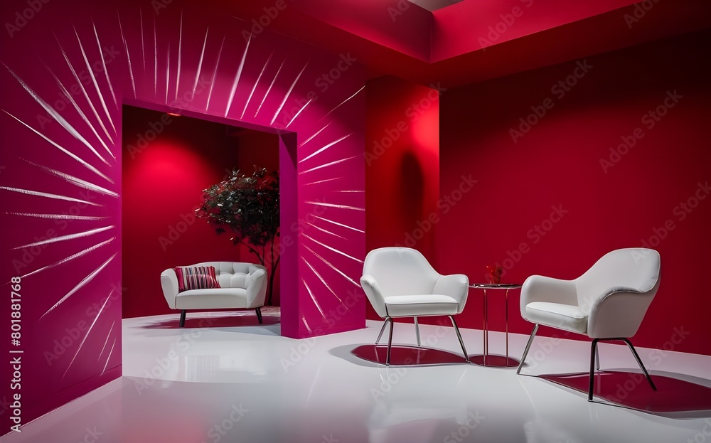 Empty painted viva magenta wall. White furniture and blank background.Bedroom interior trend 2024 year Modern luxury apricot room interior home designs. Empty painted viva magenta wall. White furniture and blank background.Bedroom interior trend 2024 year Modern luxury apricot room interior home designs.