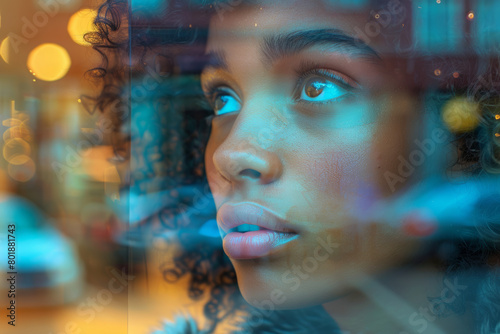 A close-up shot of a fashion store's show window display, with the reflection of a young adult looking at the display, using a polarizing filter to reduce glare and enhance the reflection. photo