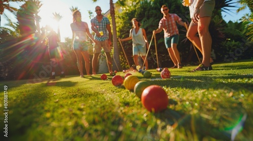 A group of friends playing a lively game of croquet on the perfectly manicured lawn glasses of mocktails in hand. photo