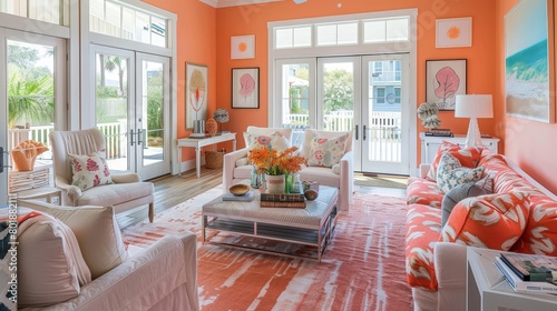 Bright and inviting living room for a youthful lifestyle, featuring coral decor for a vibrant and energetic ambiance