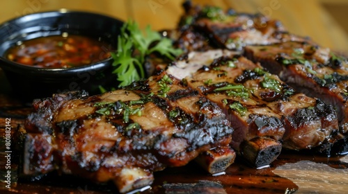 A succulent grilled pork collar beautifully charred and served with tangy dipping sauce, ready to tantalize taste buds.