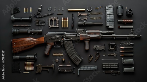 Foto image of all components of the rifle on a full dark gray background with studio