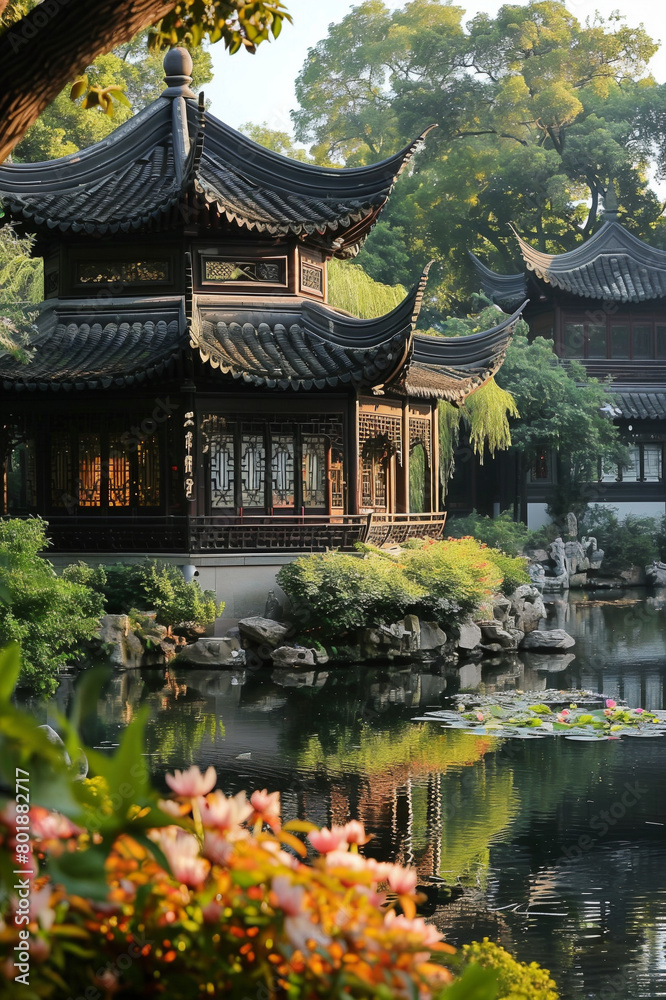 ancient Chinese setting. The room features elements such as a scenic backdrop of mythical mountains, ethereal clouds, and waterfalls. Traditional Chinese architecture like pavilions with curved roofs ancient Chinese setting. The room features elements such as a scenic backdrop of mythical mountains, ethereal clouds, and waterfalls. Traditional Chinese architecture like pavilions with curved roofs