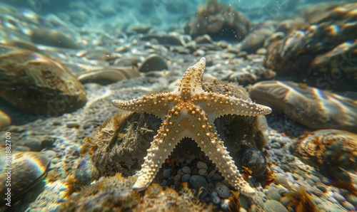 starfish on the seabed in the deep blue sea.