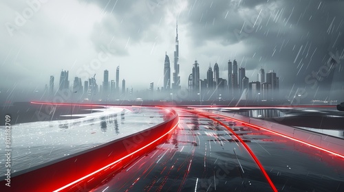 Road with red and white lights, heavy rain and floating cars in water areas, Dubai on a white background. Science fiction architecture with an understanding of technology.