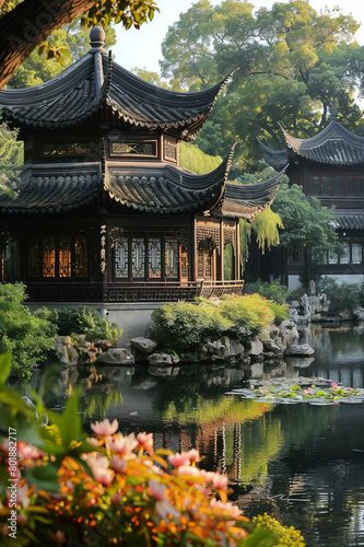 ancient Chinese setting. The room features elements such as a scenic backdrop of mythical mountains  ethereal clouds  and waterfalls. Traditional Chinese architecture like pavilions with curved roofs