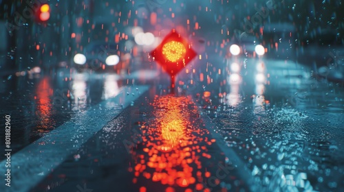 A traffic light reflected in a rain-soaked road, creating a shimmering effect amidst the urban landscape.