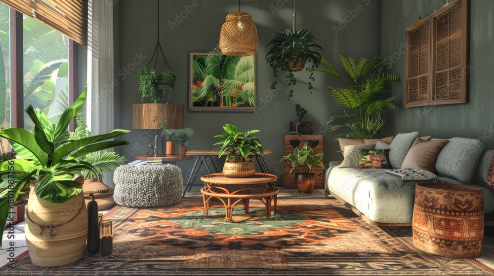 Bohemian-style living room designed for a young, creative individual, featuring eclectic furnishings, rich textures, and an array of houseplants for a natural vibe