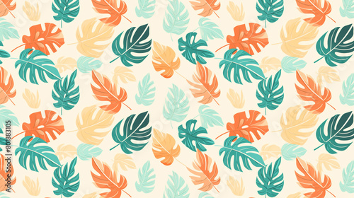 A seamless pattern of overlapping monstera leaves in a blue  orange and green color scheme.