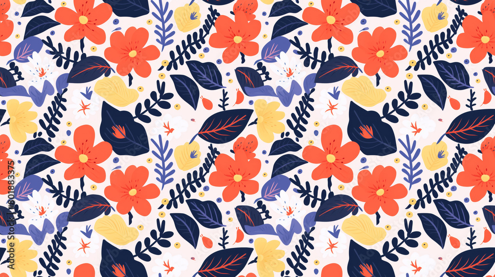 A seamless pattern with colorful flowers and leaves. A seamless pattern with colorful flowers and leaves.