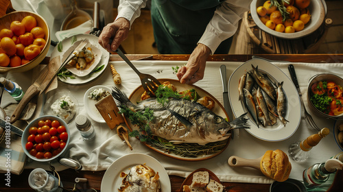 Preparing a variety of fish dishes for Saint Joseph's Day feast, showcasing Mediterranean cuisine traditions