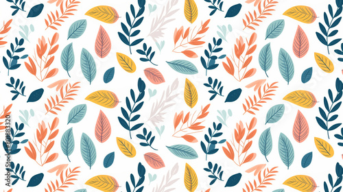 A seamless pattern with colorful leaves and branches on a white background.