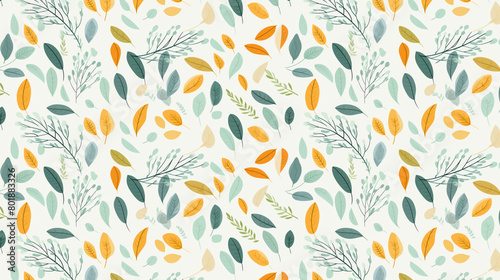 A seamless pattern with various leaves and branches in a simple and modern style. The leaves are in different colors such as green, yellow, and orange, and the background is white. photo