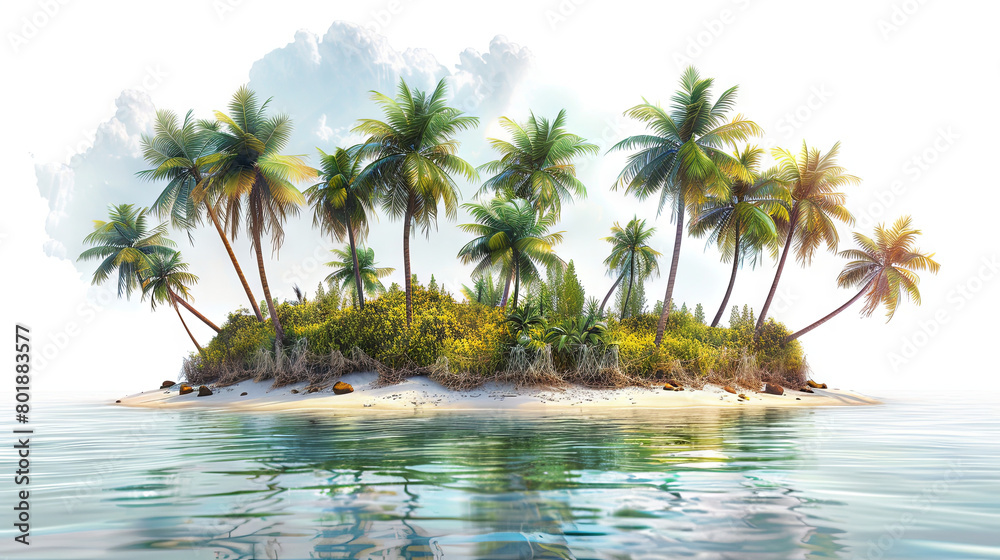 This idyllic scene features lush palm trees swaying gently in the warm breeze against the backdrop of crystal-clear turquoise waters and golden sandy beaches, vacation time This idyllic scene features lush palm trees swaying gently in the warm breeze against the backdrop of crystal-clear turquoise waters and golden sandy beaches, vacation time