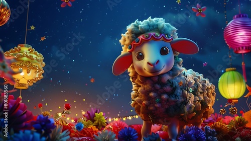 A cute sheep wearing a traditional Eid al-Adha hat, surrounded by festive decorations and colorful lanterns, against a starry night sky © SHAPTOS