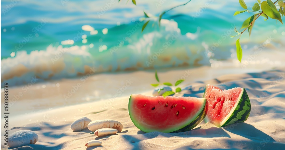 Juicy watermelon, ripe and refreshing, basking under the sun on a sandy beach alongside the vast sea Juicy watermelon, ripe and refreshing, basking under the sun on a sandy beach alongside the vast sea