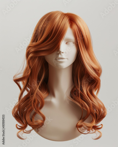 Beautiful female anime cosplay wig on a clean mannequin head 3D generated, ad mockup, isolated on a white and gray background.