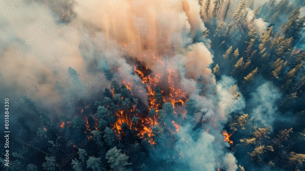 Aerial view of a forest fire burning out of control, with plumes of smoke rising high into the sky.