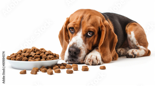 Beagle dog with bowl of dry kibble food 