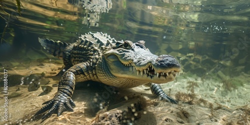 crocodile walking under the bottom of the river  under water photography.