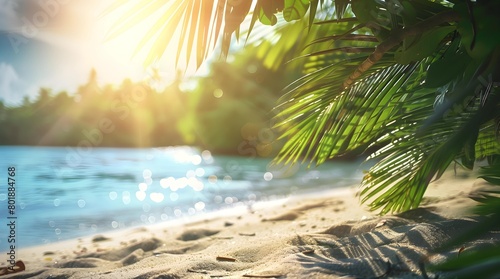 A blurred nature background of a tropical beach  with sunlight filtering through the leaves  captures the essence of a summer getaway