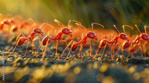 An army of red ants marching in formation, determined and unified in their quest for resources. photo