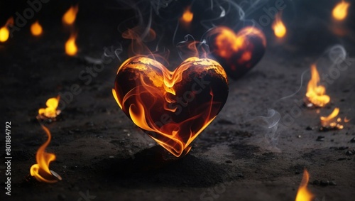 Heart shapes are burning there is a fire or flames burning to ashes It was so hot that reddish-yellow light and smoke on a black background floated. Concept is impatient, mean, black-hearted, cruel