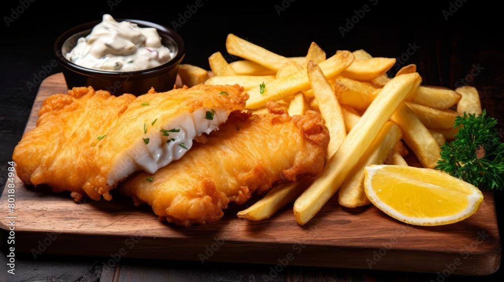 Close-up of fish and chips with tartar sauce, rustic wooden board, traditional fast food, Close-up of fish and chips with tartar sauce, rustic wooden board, traditional fast food,