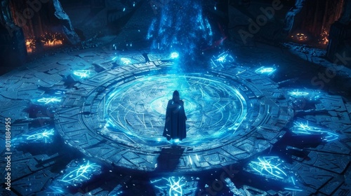 A circle of ancient runestones glows with a pulsing blue light as a young wizard enters its center preparing to perform a powerful . .