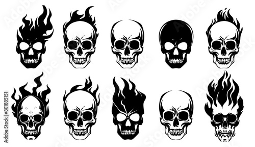 black and white tattoo skull and fire logo or icon